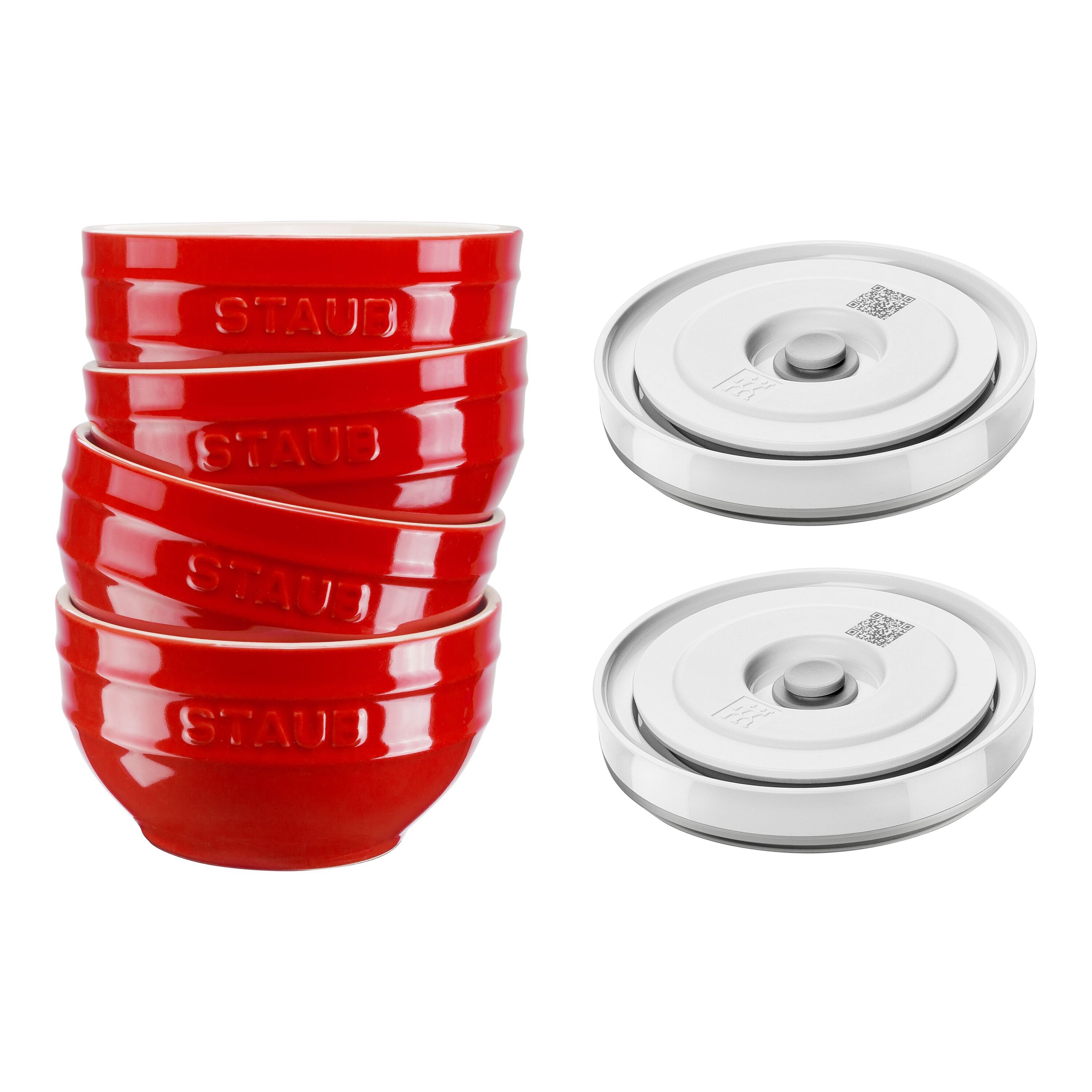 Ceramic Bowl Set with Vacuum Lids/6-Piece, 12cm/Cherry Red