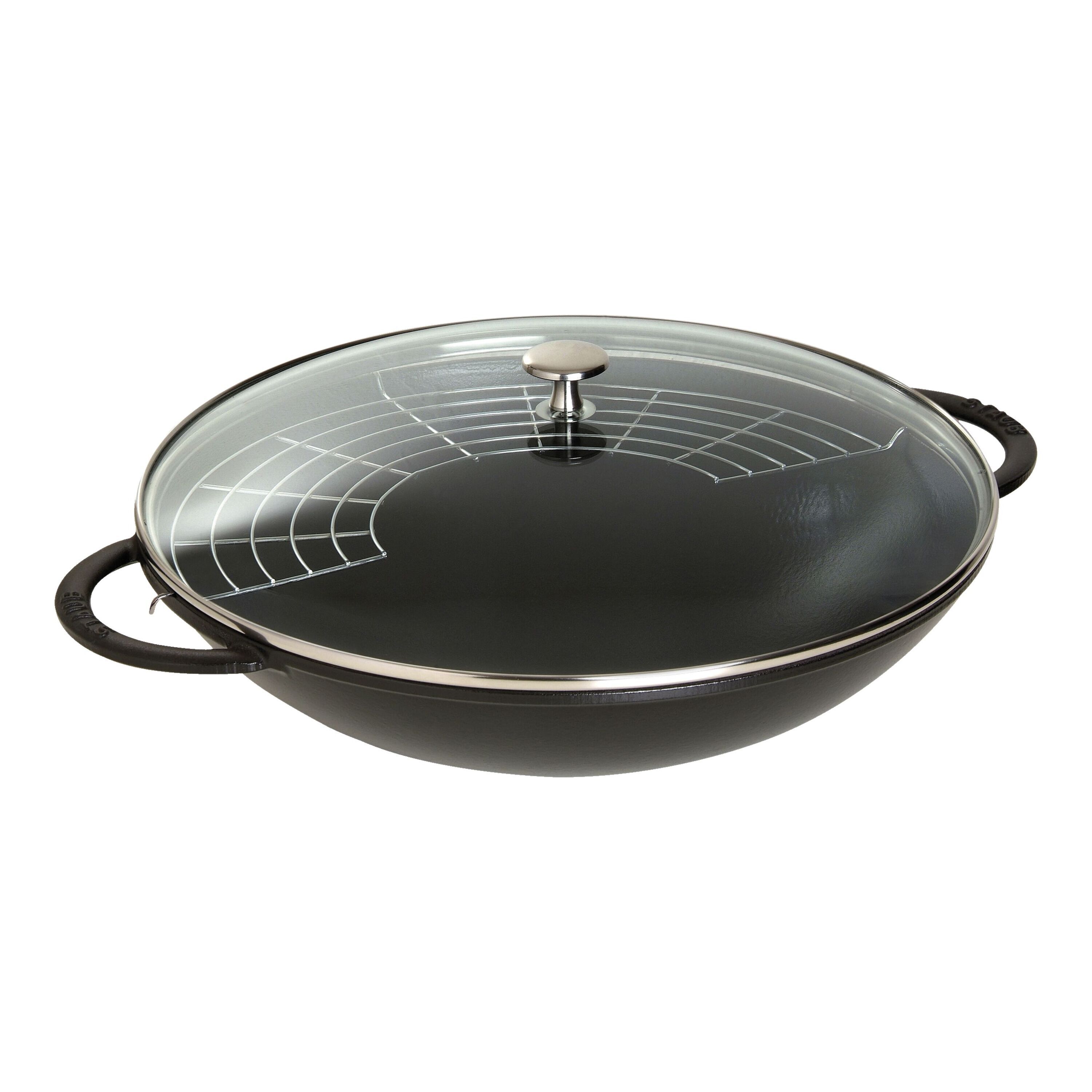 37 cm Cast iron Wok with glass lid black