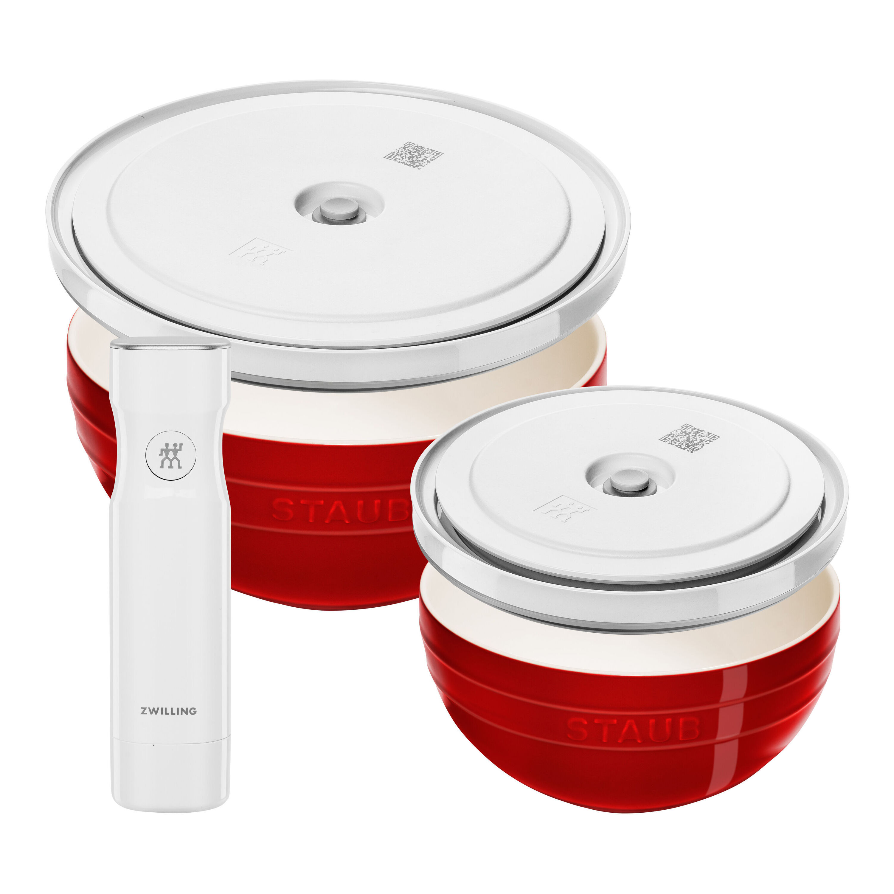 Bowl Set with Vacuum Pump and Vacuum Lids, 18 cm/ 24 cm/  5-pcs., Cherry/ White, Ceramic