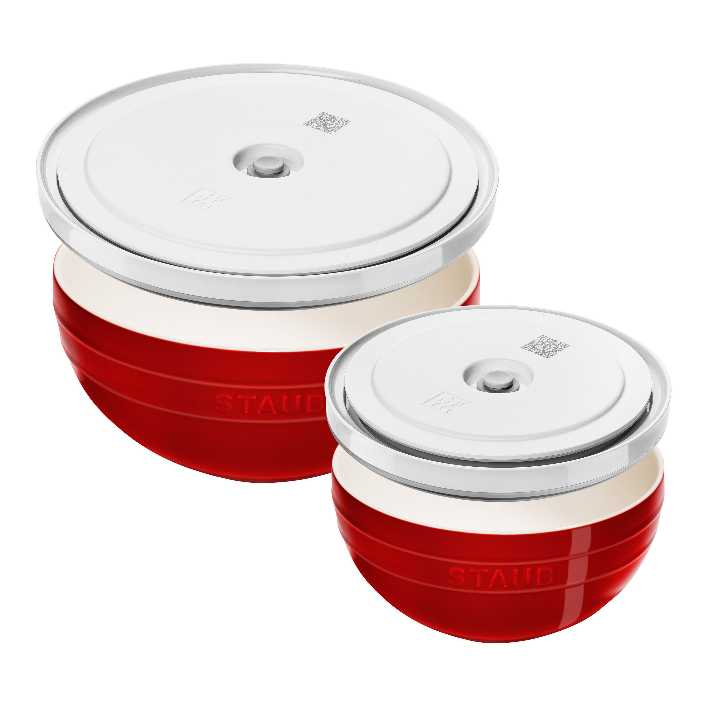 Bowl Set with Vacuum Lids, 18 cm/ 24 cm/  4-pcs., Cherry/ White, Ceramic
