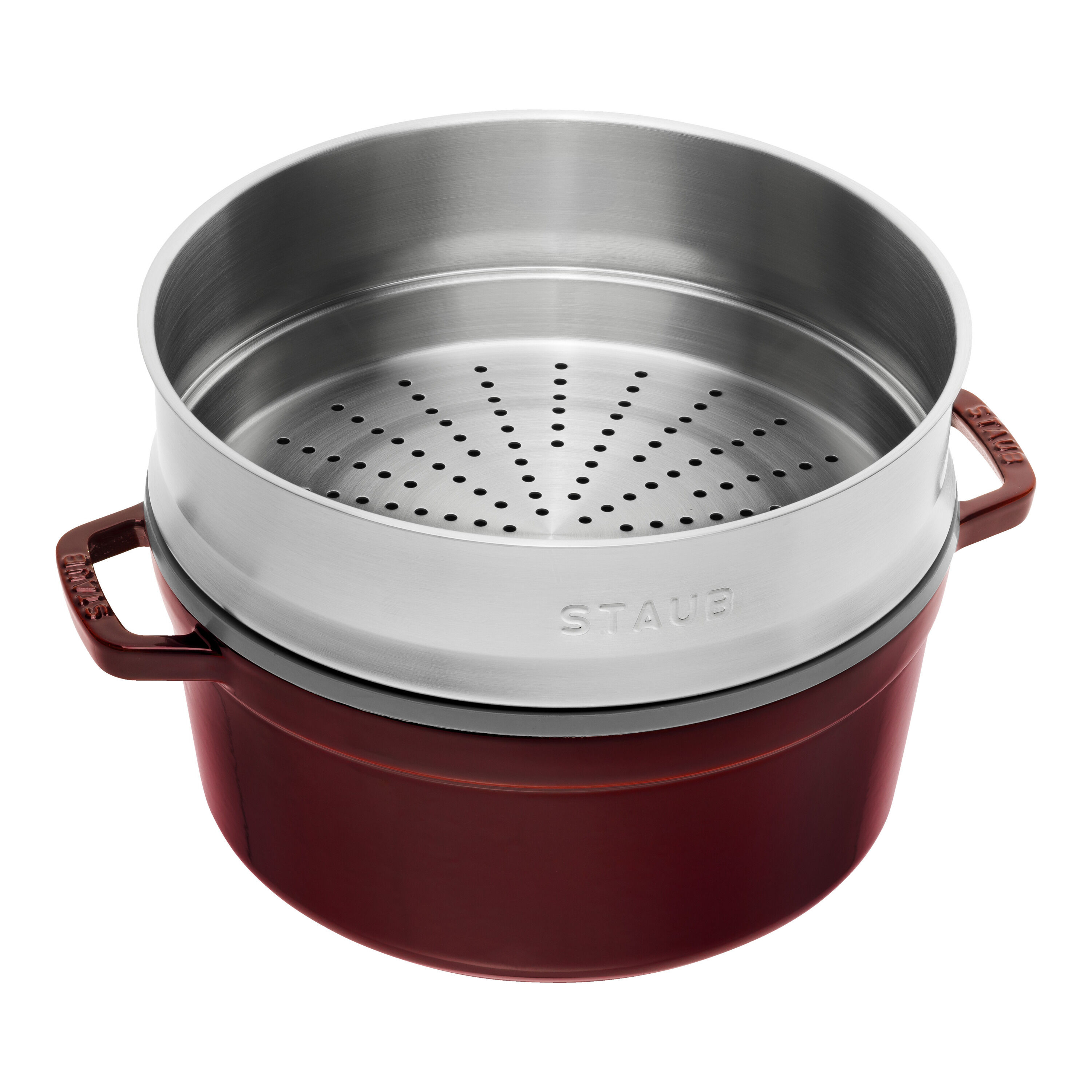 26 cm round Cast iron Cocotte with steamer grenadine-red