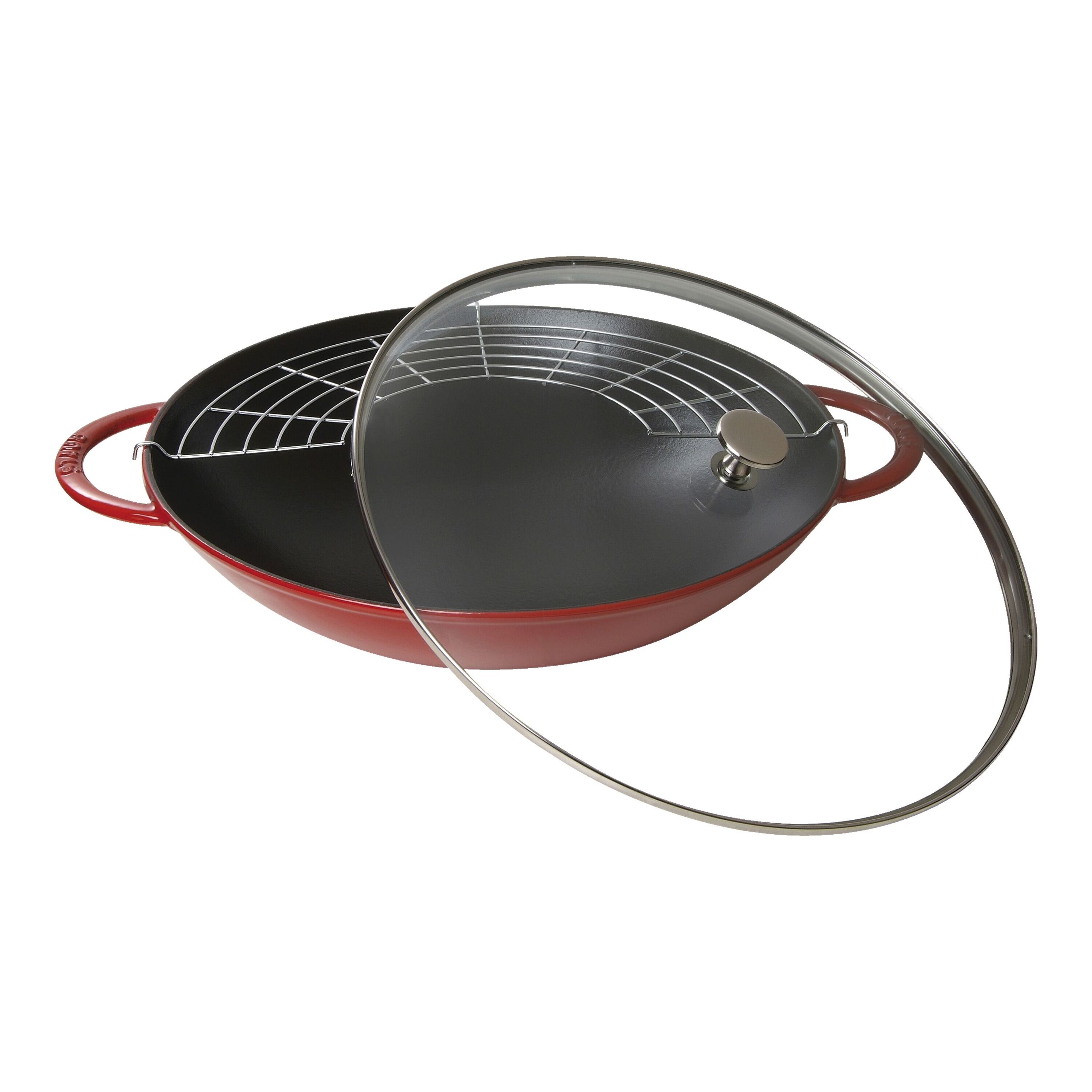37 cm Cast iron Wok with glass lid cherry