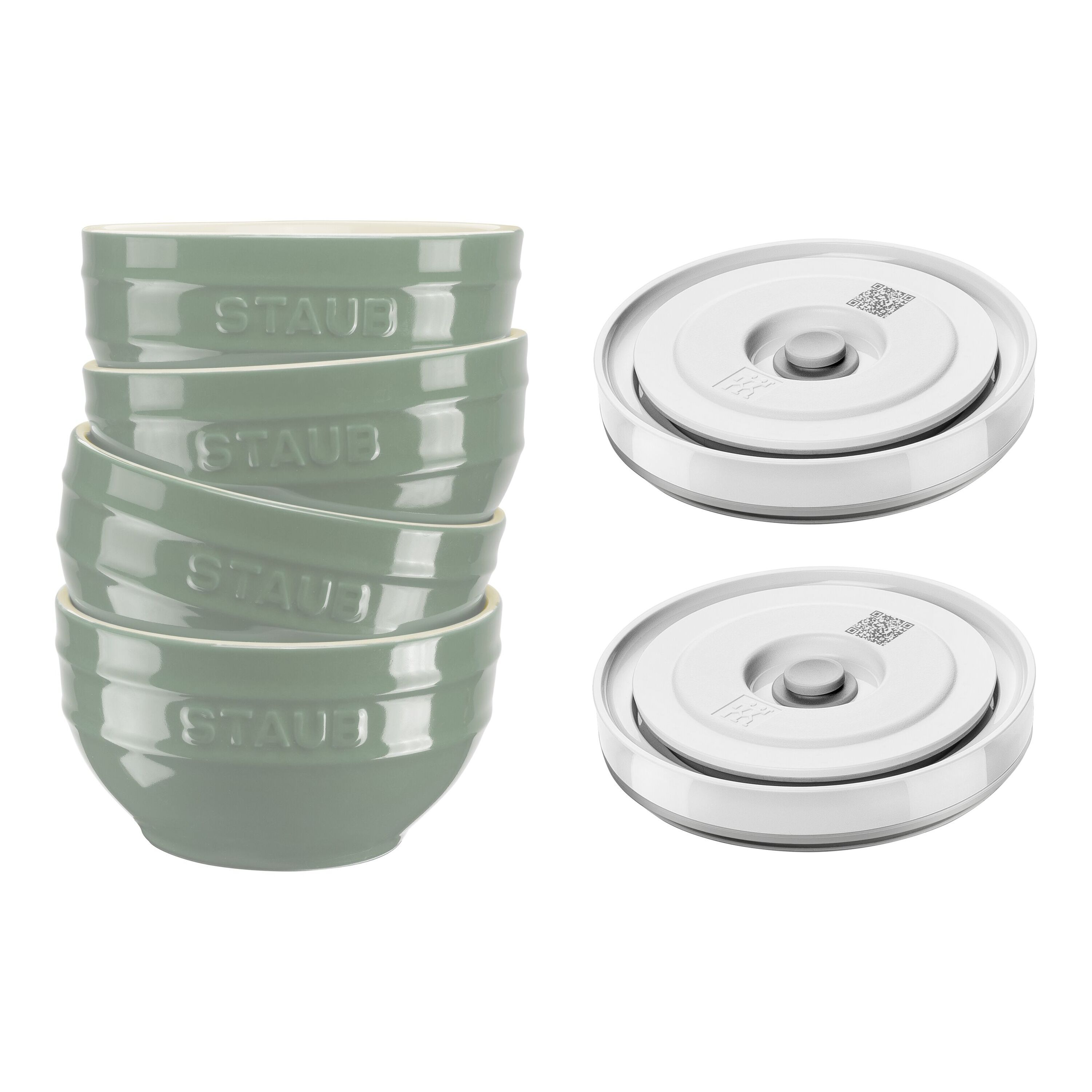 Ceramic Bowl Set with Vacuum Lids/6-Piece, 12cm/Eucalyptus