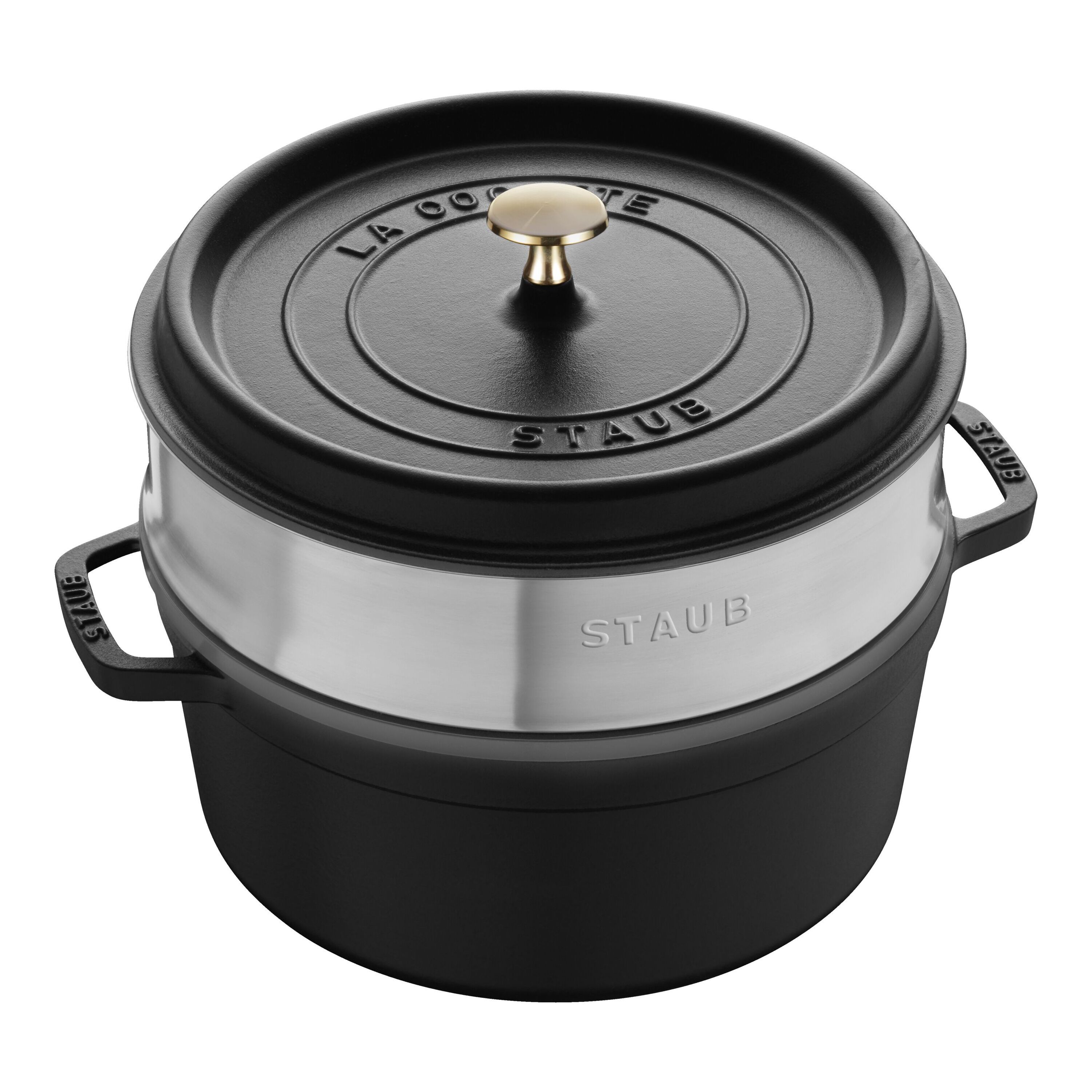 26 cm round Cast iron Cocotte with steamer black