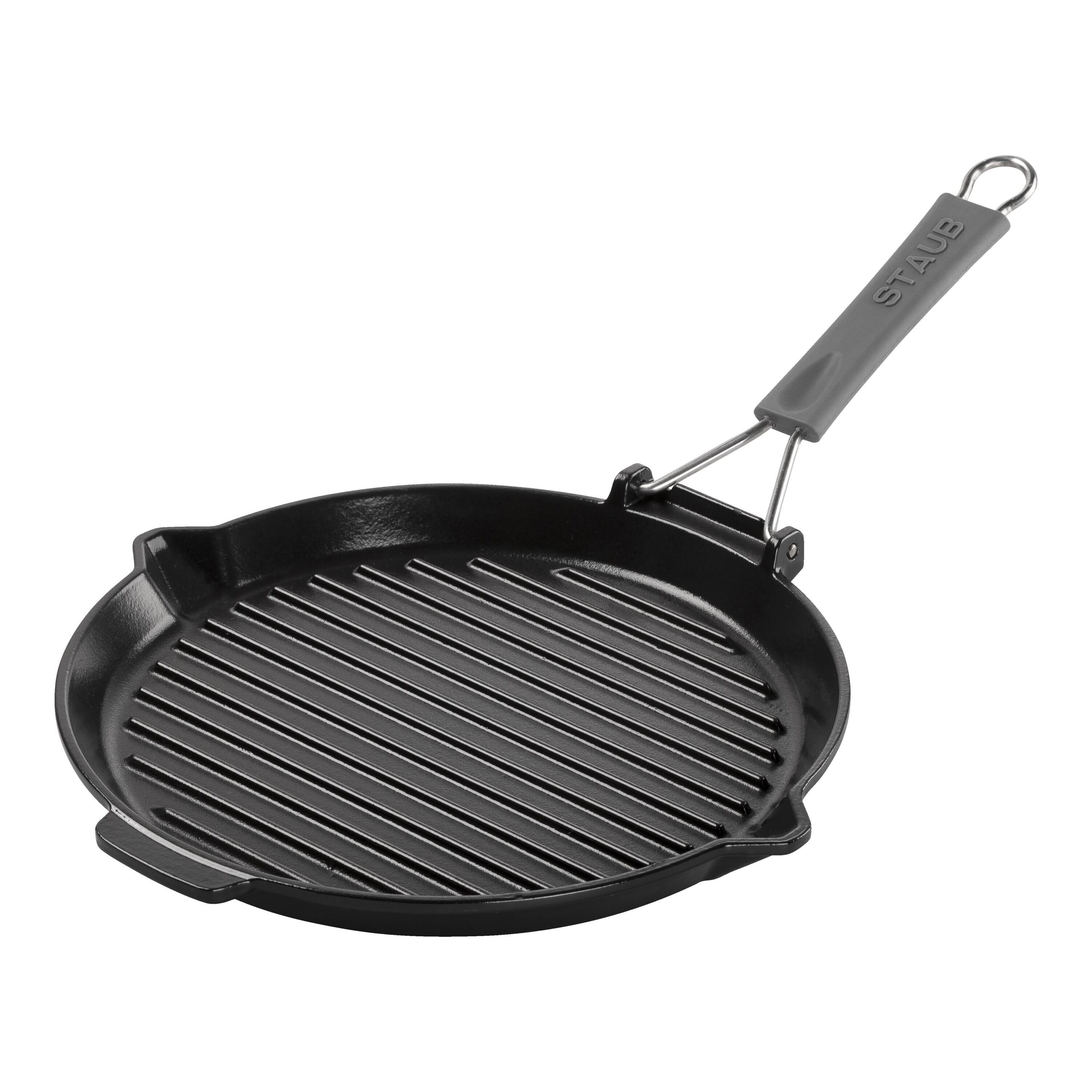 28 cm round Cast iron Grill pan with pouring spout black