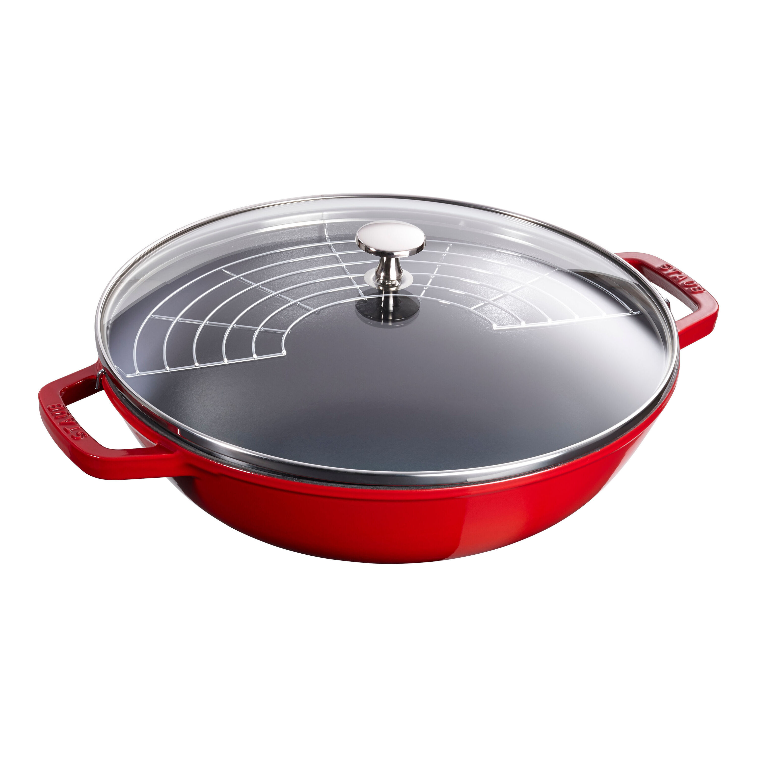 30 cm Cast iron Wok with glass lid cherry