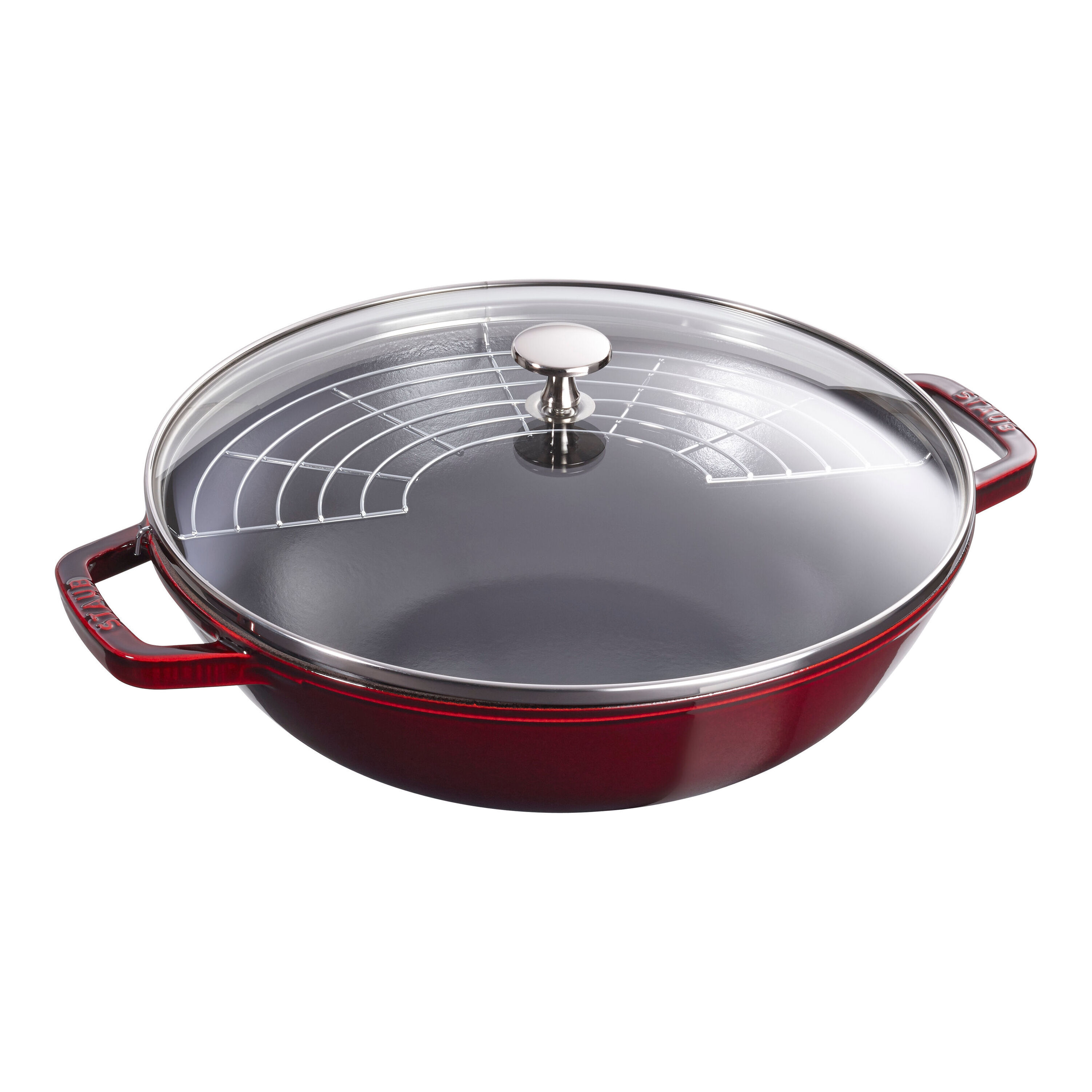 30 cm Cast iron Wok with glass lid grenadine-red
