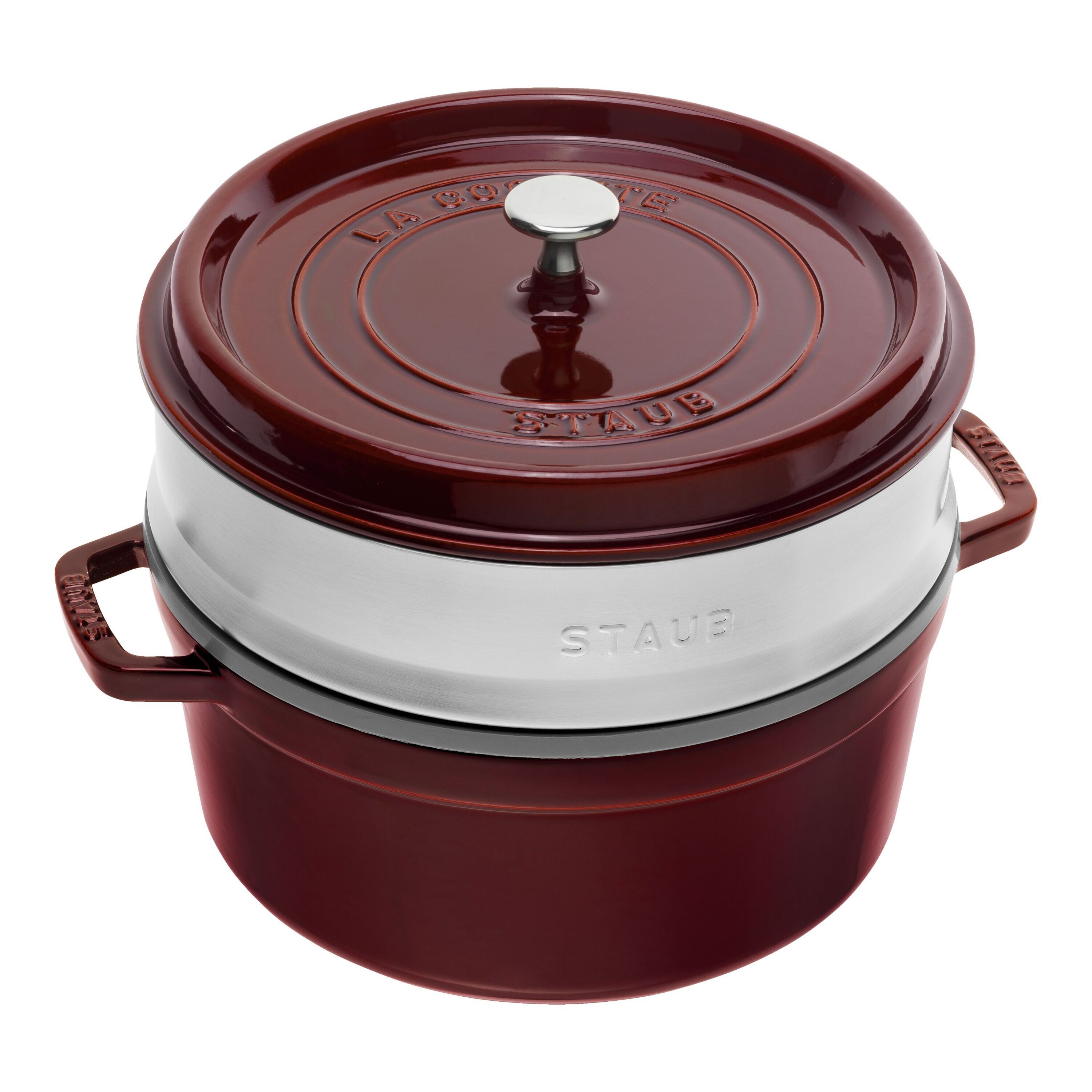 26 cm round Cast iron Cocotte with steamer grenadine-red