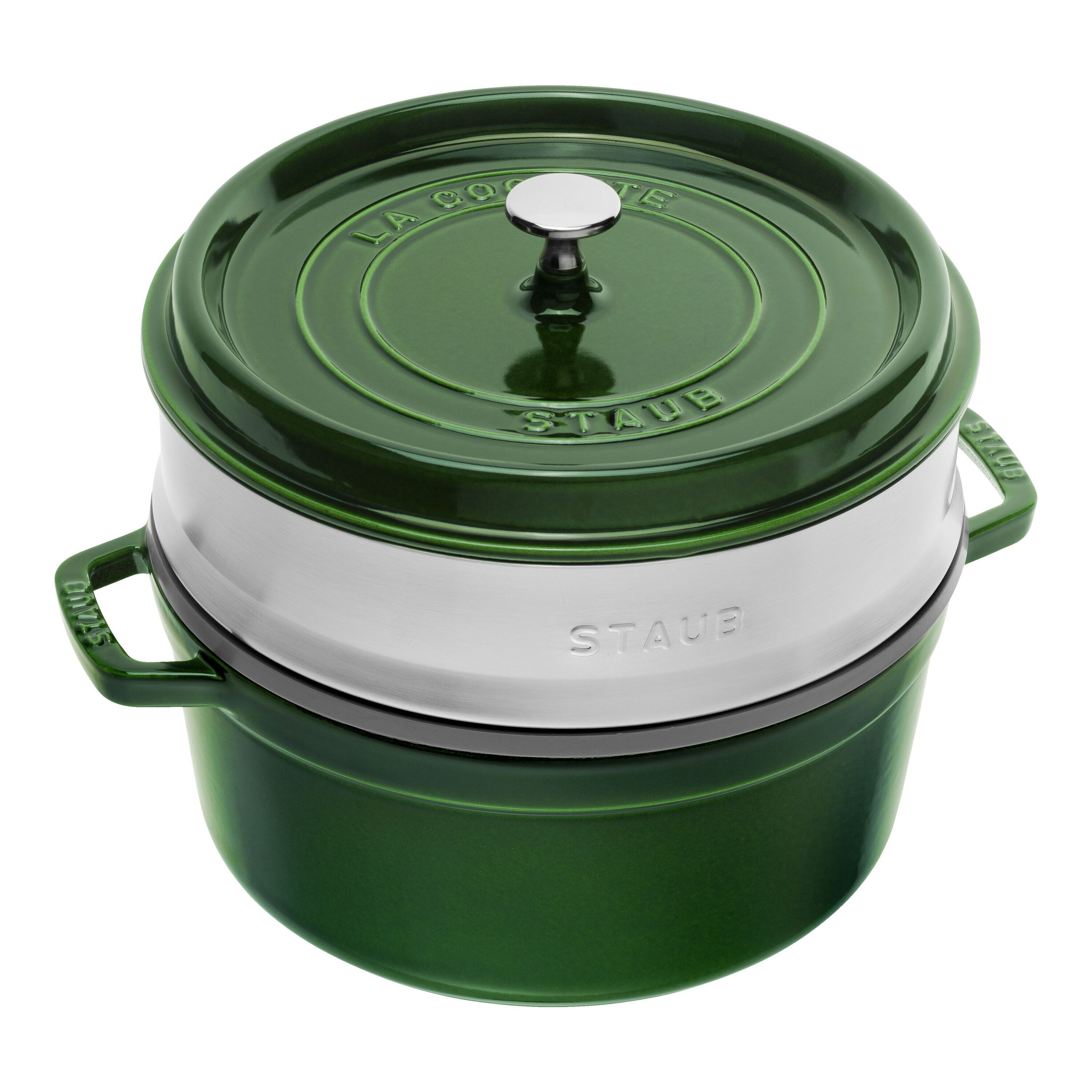 26 cm round Cast iron Cocotte with steamer basil-green