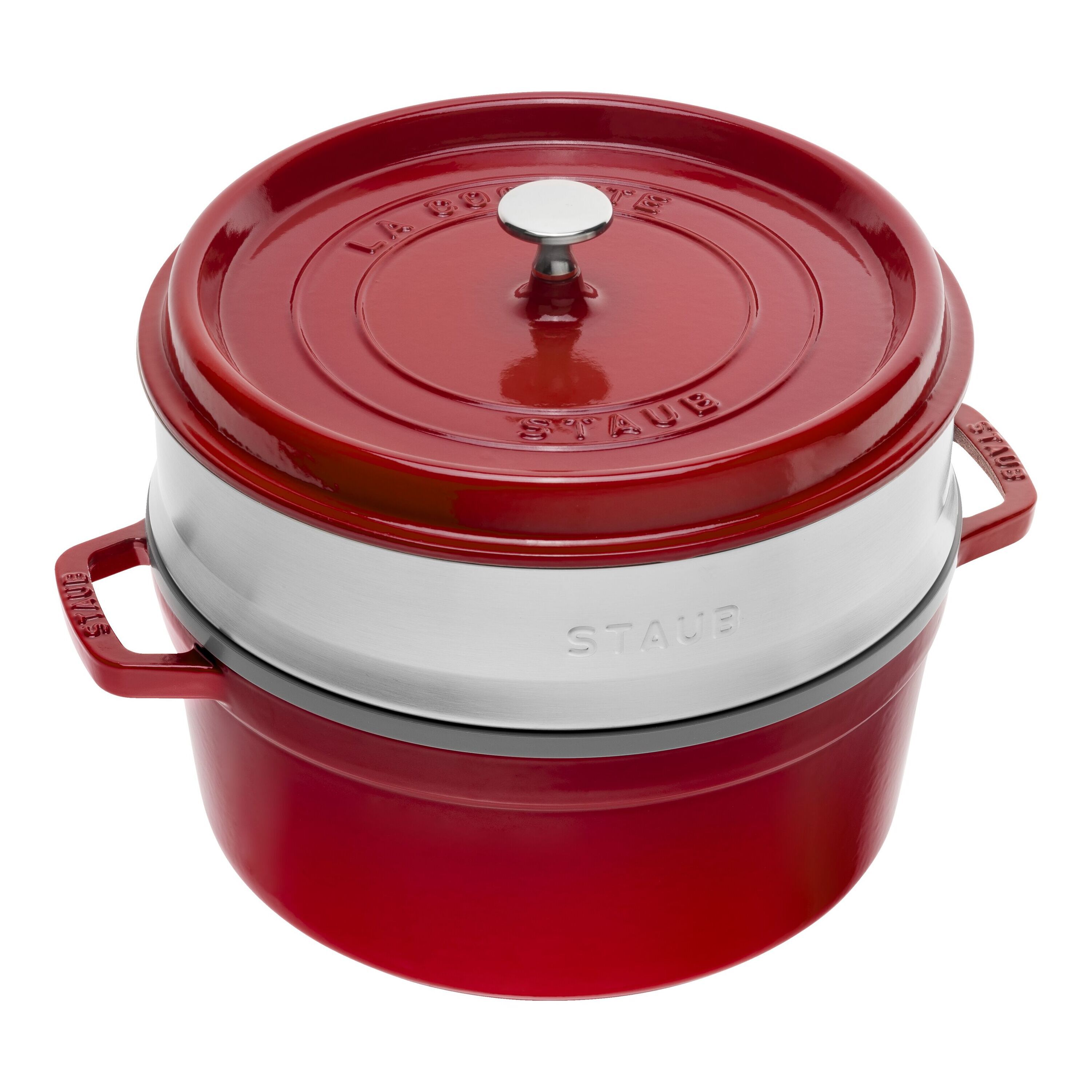 26 cm round Cast iron Cocotte with steamer cherry