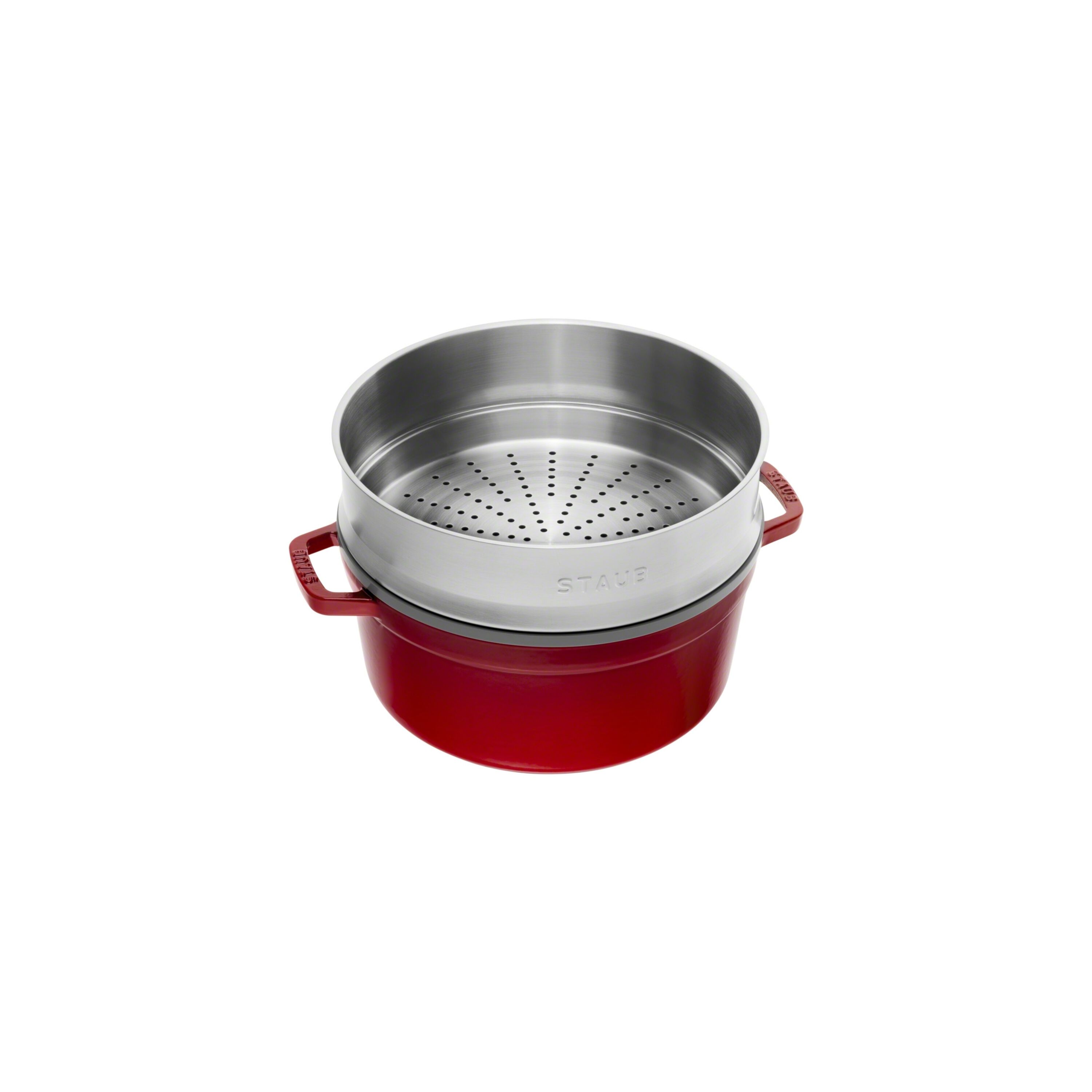 26 cm round Cast iron Cocotte with steamer cherry