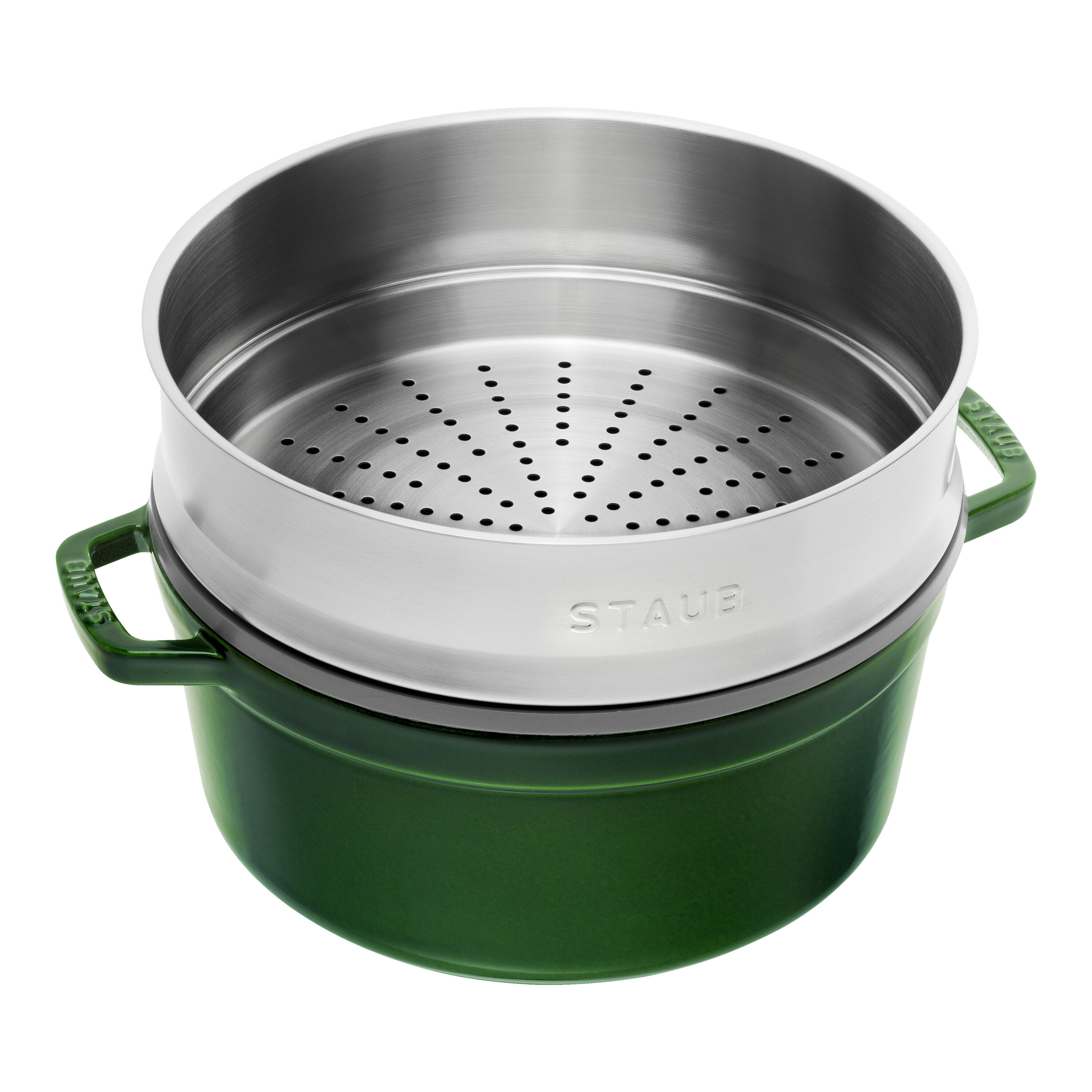 26 cm round Cast iron Cocotte with steamer basil-green