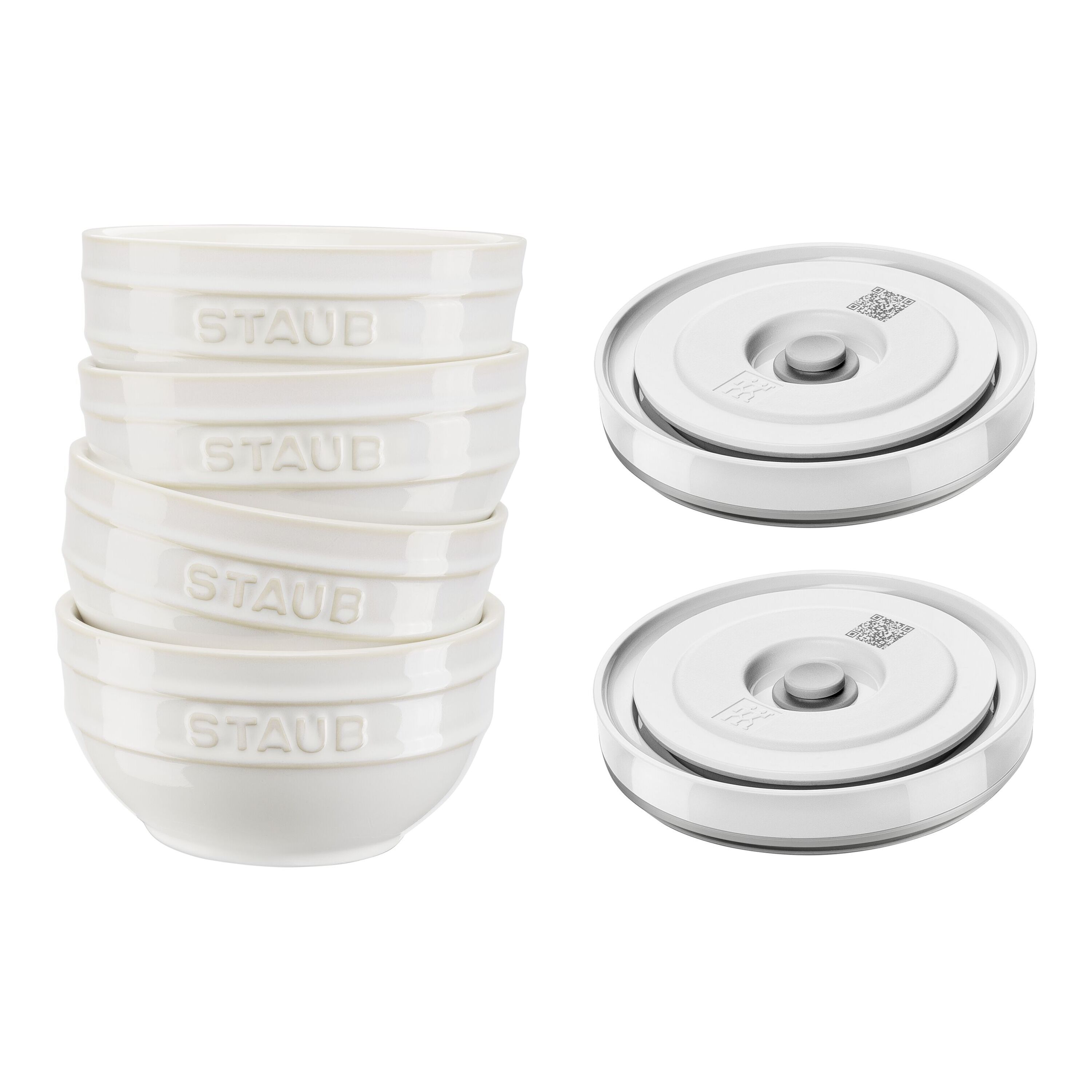 Ceramic Bowl Set with Vacuum Lids/6-Piece, 12cm/Ivory White