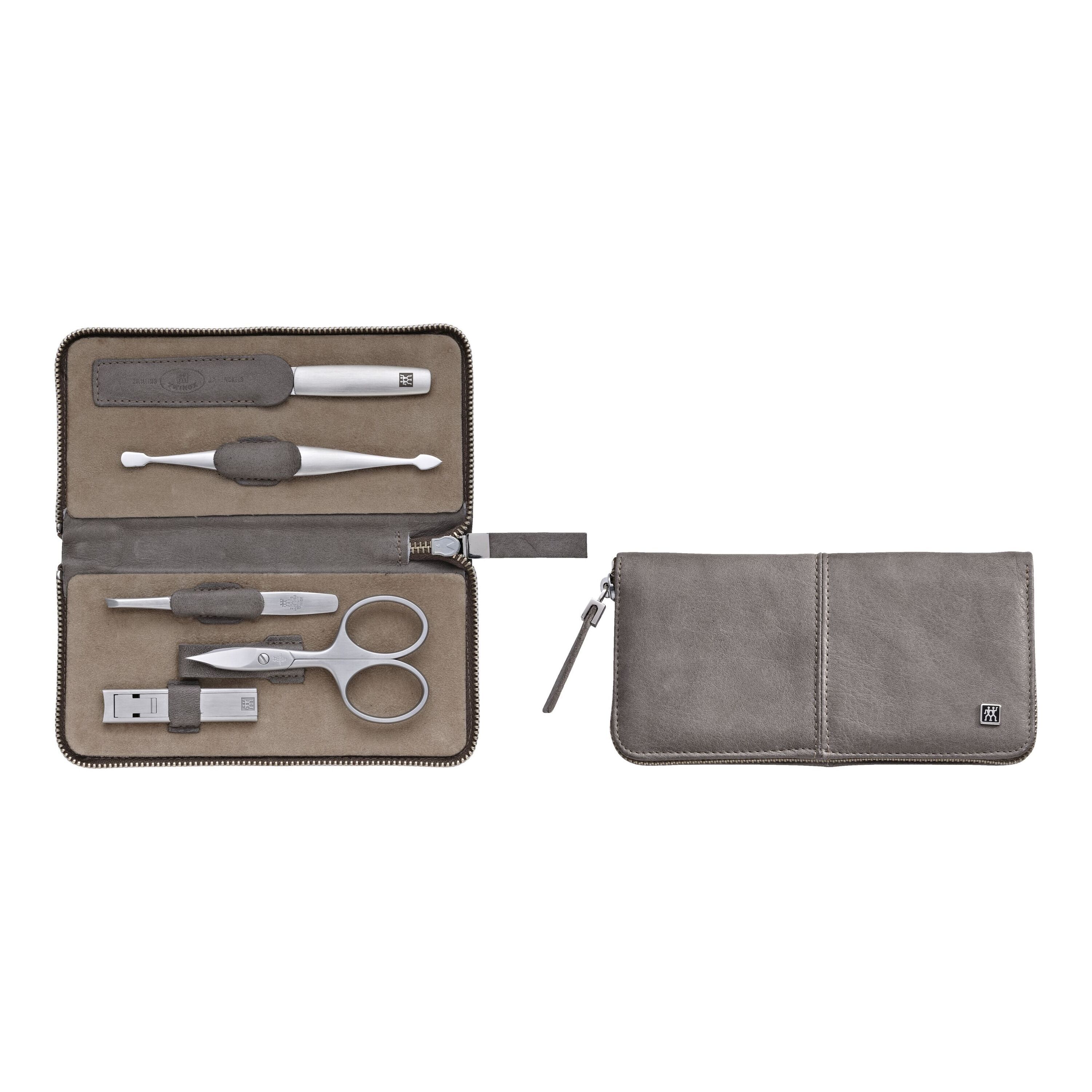 5-pcs Calf leather Zip fastener case taupe