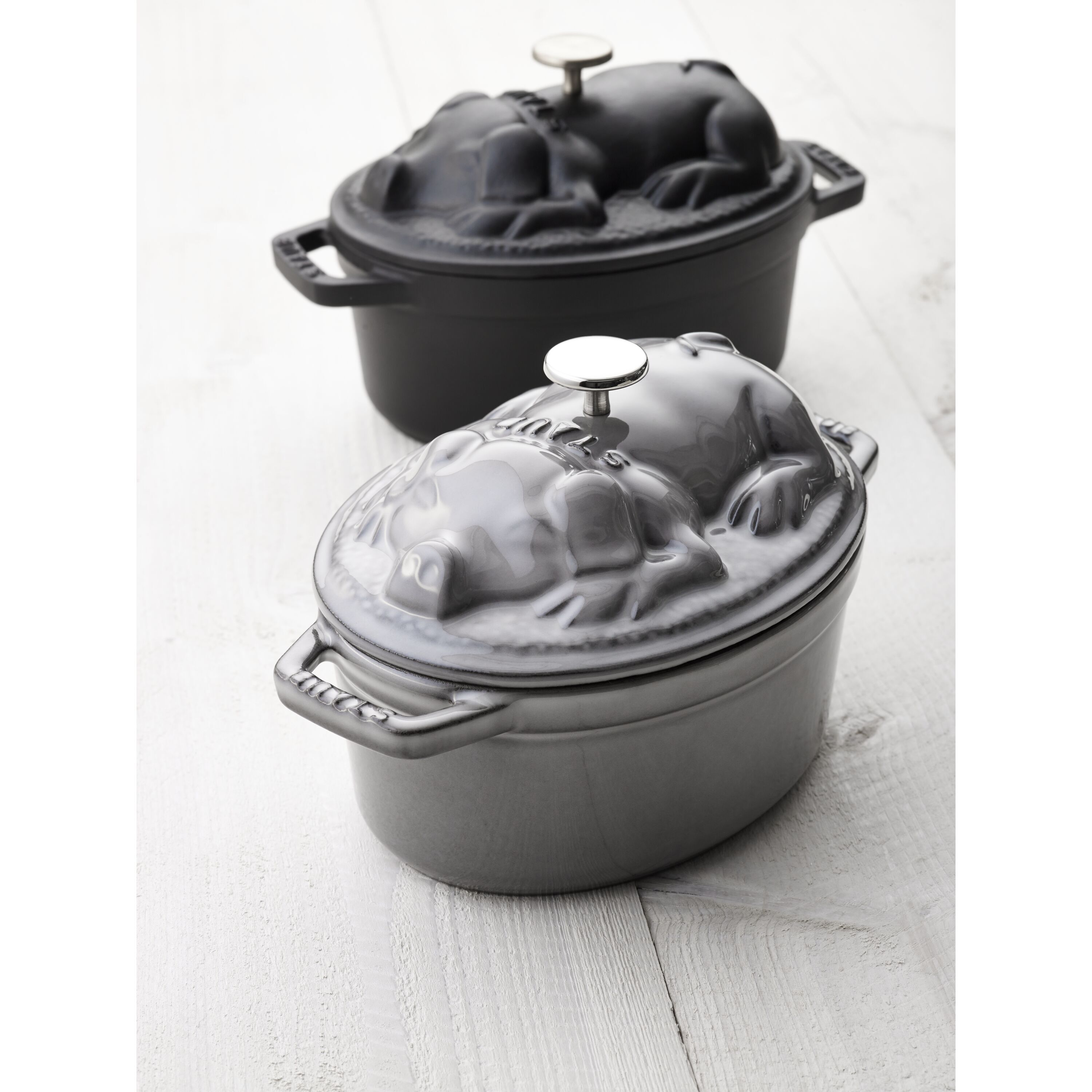 17 cm oval Cast iron Cocotte Pig lid graphite-grey