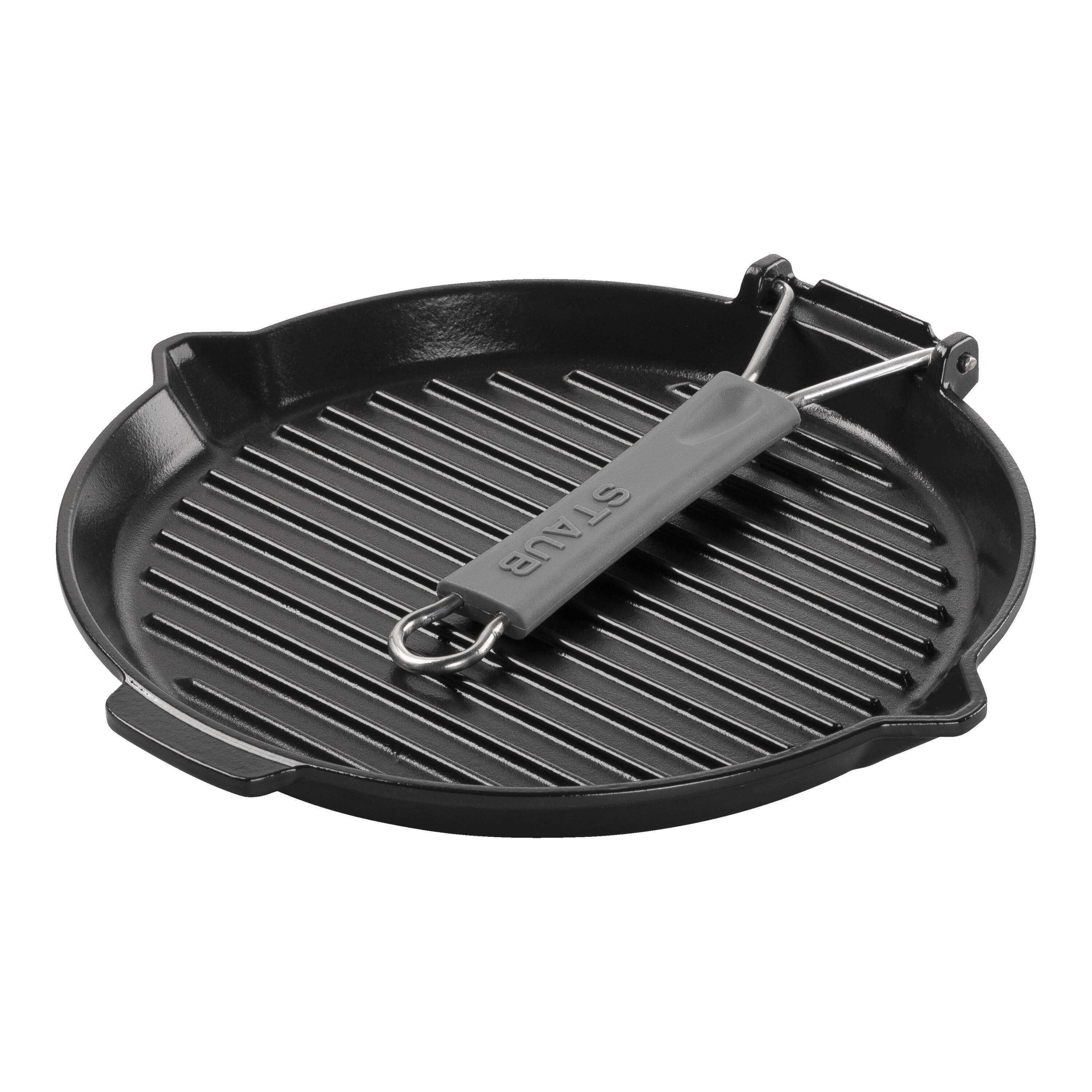 28 cm round Cast iron Grill pan with pouring spout black