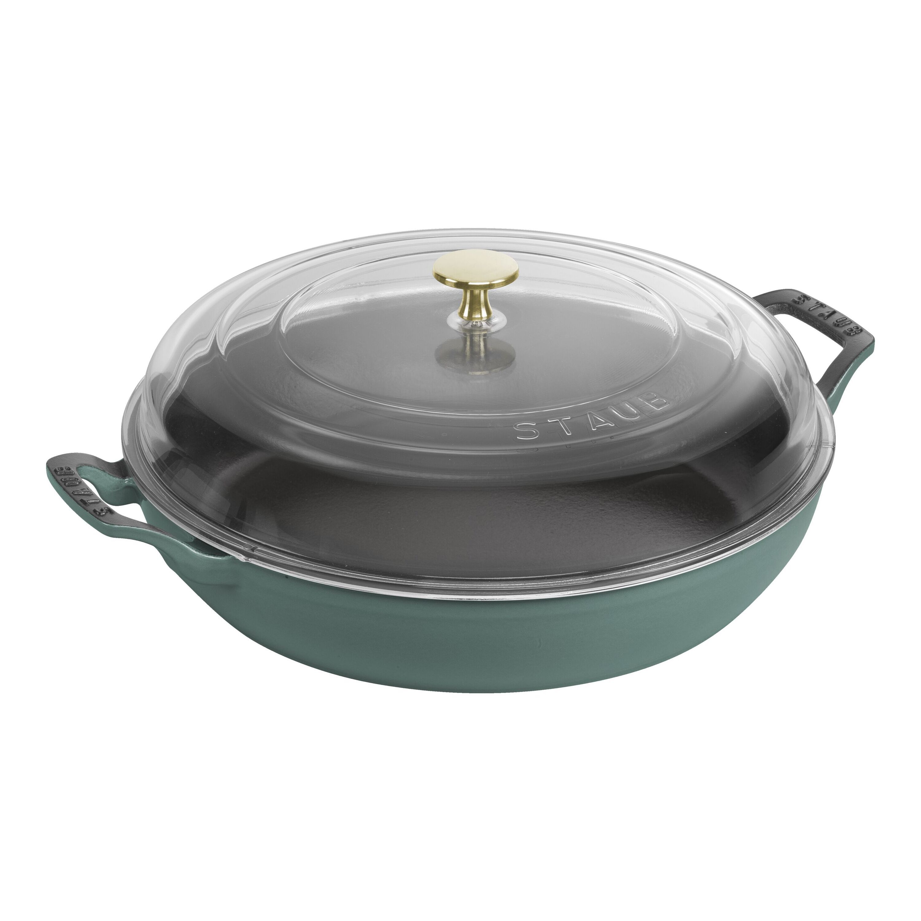30 cm round Cast iron Saute pan with glass lid eucalyptus